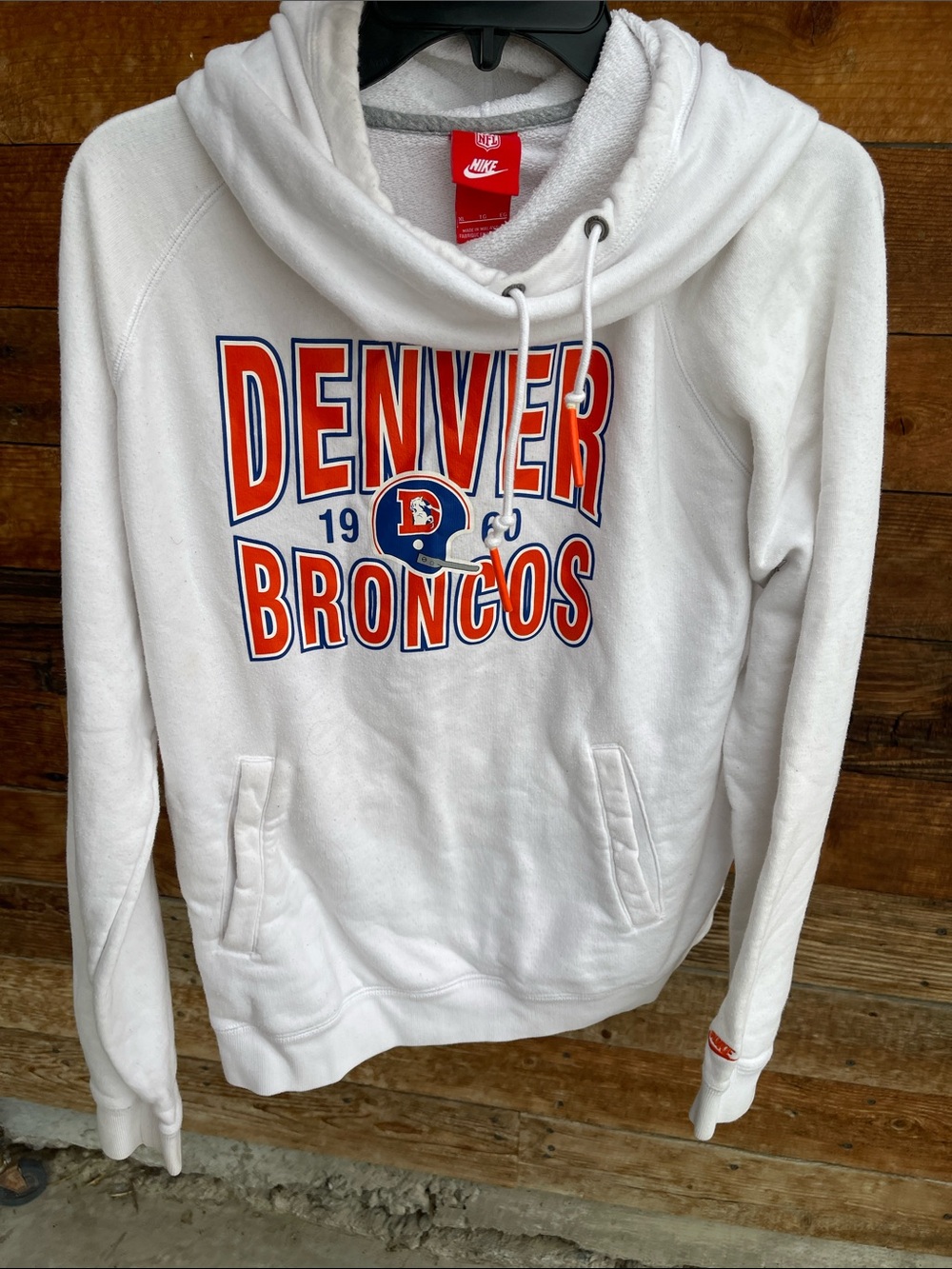 Nike White Denver Broncos Crewneck Sweatshirt with Orange and Blue Logo